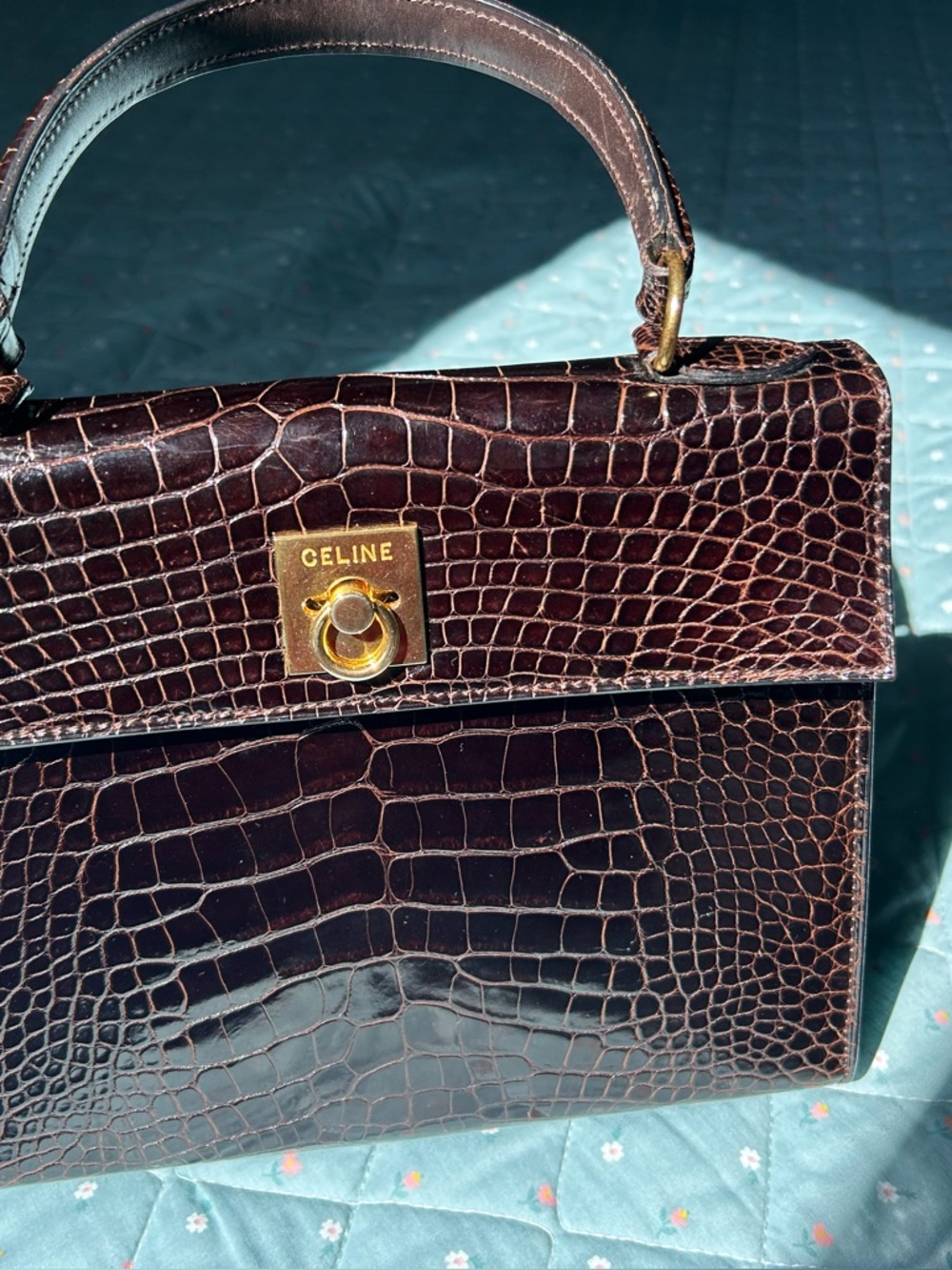 Vtg Celine logo ring dark brown Croc-Embossed exotic skin Top Handle Bag purse - Picture 2 of 16